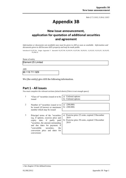 ASX:E25 - Appendix 3B