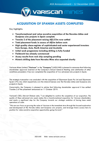 ASX:VAR - Acquisition of Spanish Assets Completed and Appendix 3B