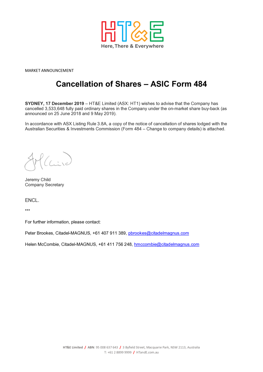 ASX:A1N - Cancellation of Shares (ASIC Form 484)