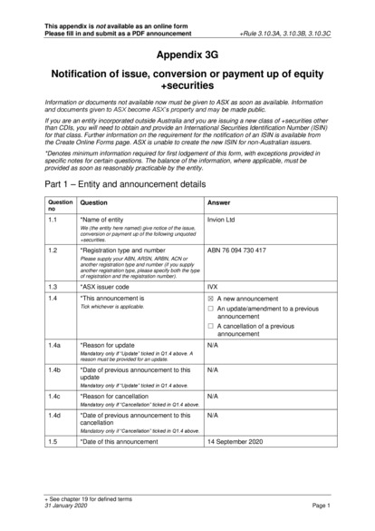 ASX:IVX - Appendix 3G - issue of options