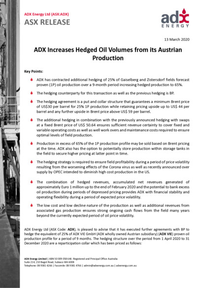 ASX:ADX - ADX Increases Hedged Oil Volumes from Austrian Production