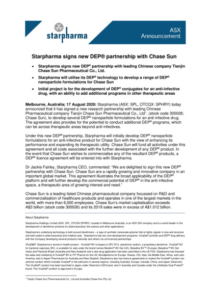 ASX:SPL - Starpharma signs new DEP partnership with Chase Sun