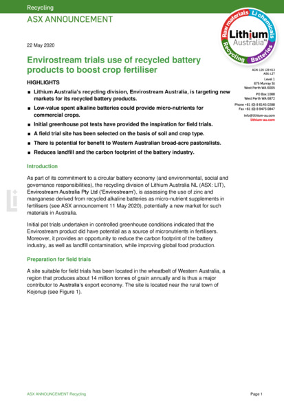 ASX:LIT - Envirostream trials recycled batteries in crop fertiliser
