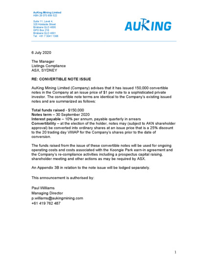 ASX:AKN - Convertible Note Issue