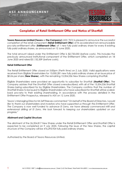 ASX:TSO - Completion of Retail Offer and Notice of Shortfall