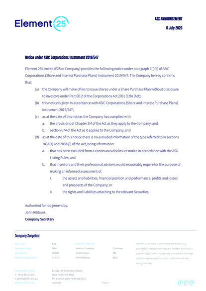 ASX:E25 - Notice under ASIC Corporations Instrument 2019/547
