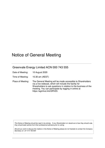 ASX:GRV - Notice of General Meeting and Proxy Form