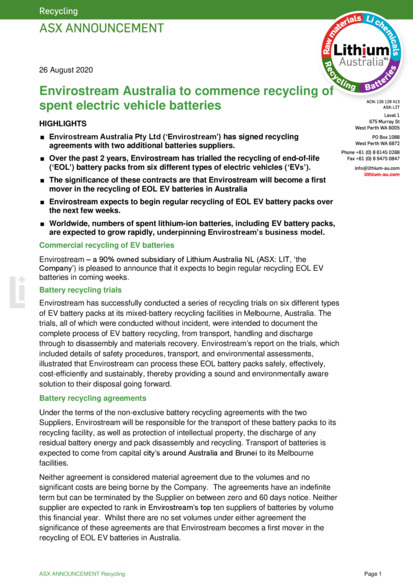 ASX:LIT - Envirostream to commence recycling of spent EV batteries