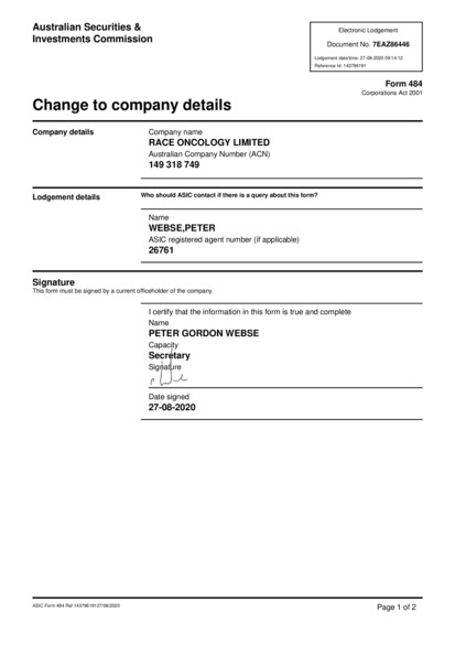 ASX:RAC - ASIC Form 484 - Cancellation of Shares