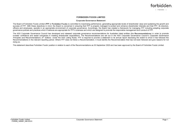 ASX:OMG - Forbidden Foods Corporate Governance Statement