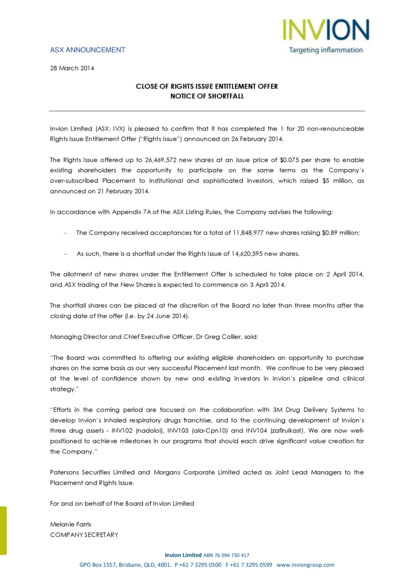 ASX:IVX - Completion of Rights Issue and Notice of shortfall