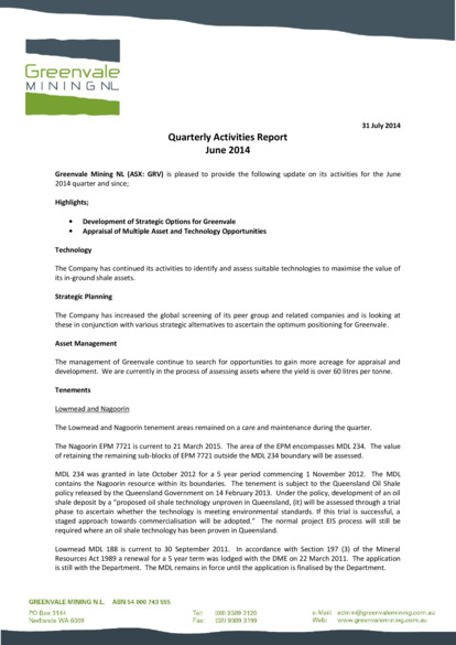 ASX:GRV - Quarterly Activities Report