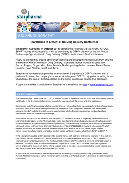 ASX:SPL - Starpharma to present at US Drug Delivery Conference