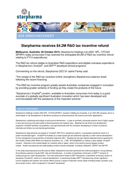 ASX:SPL - Starpharma receives $4.2M R&D tax incentive refund