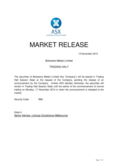 ASX:BML - Trading Halt