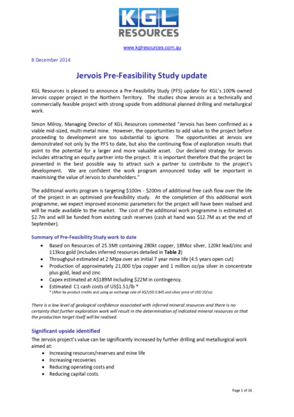 ASX:KGL - Jervois Prefeasibility Study update
