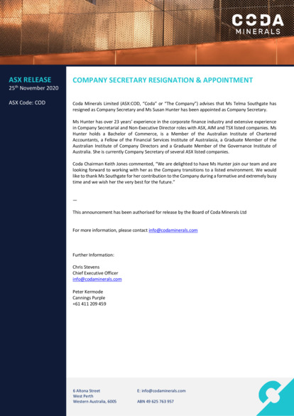 ASX:COD - Company Secretary Appointment/Resignation