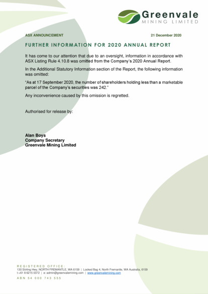 ASX:GRV - Additional Information for 2020 Annual Report