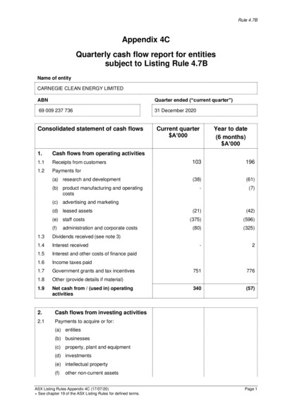 ASX:CCE - Appendix 4C - quarterly