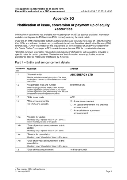 ASX:ADX - Appendix 3G Issue of Unlisted Options