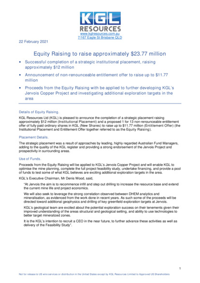 ASX:KGL - Equity Raising to raise approx $23.77 million