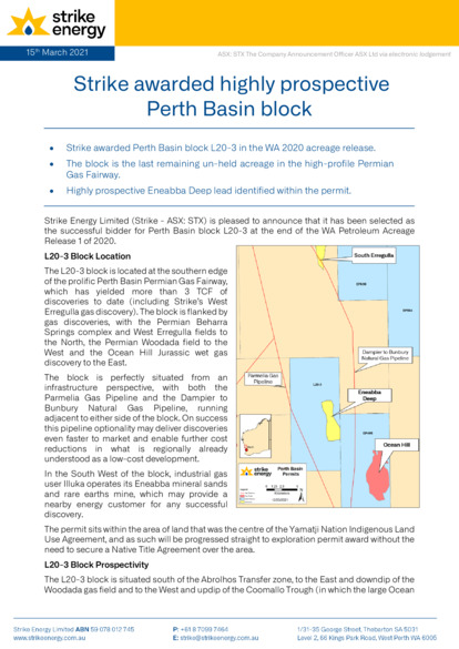 ASX:STX - Strike Awarded Highly Prospective Perth Basin Block