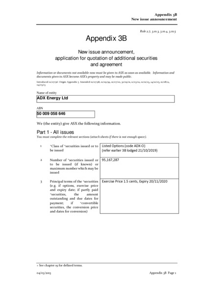 ASX:ADX - Appendix 3B - Placement and SPP Options