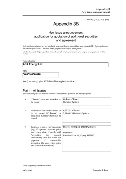 ASX:ADX - Appendix 3B - Shares and Options in Lieu of Remuneration