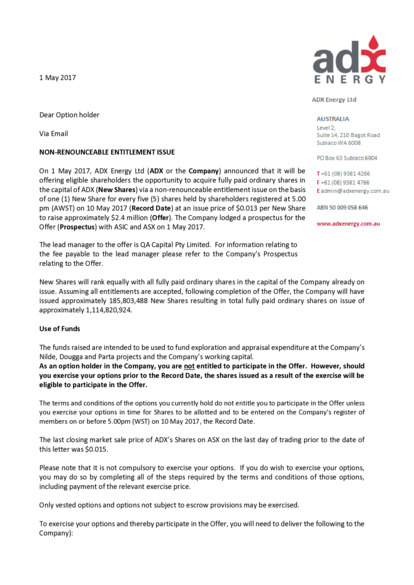 ASX:ADX - Letter to Optionholders