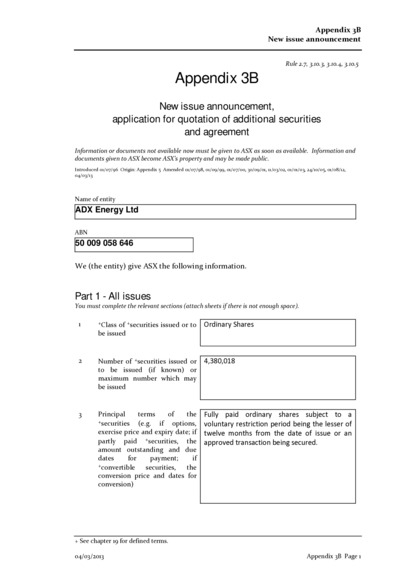 ASX:ADX - Appendix 3B
