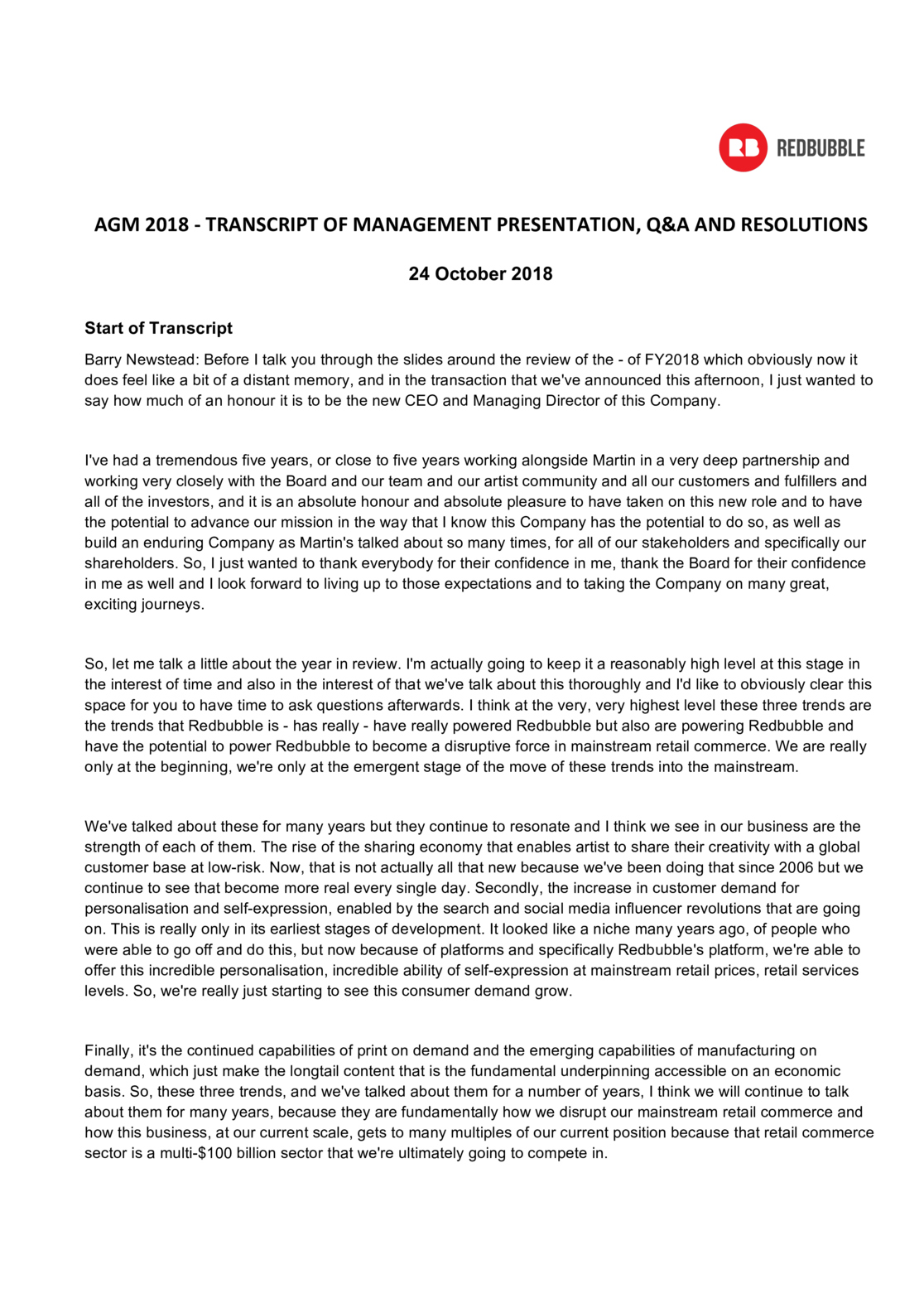 ASX:ATG - AGM - transcript of Management Presentation, Q&A Resolutions