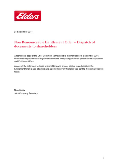 ASX:ELD - Non Renounceable Entitlement Offer -Dispatch of Documentss