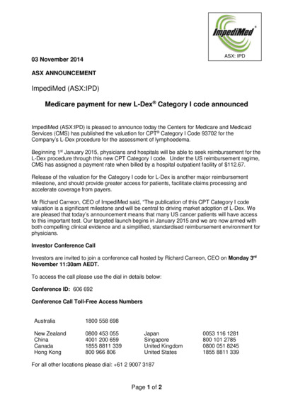 ASX:IPD - Medicare payment for new L-Dex Category I code announced