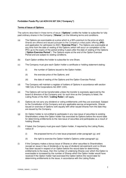 ASX:OMG - Non-Executive Director Option terms