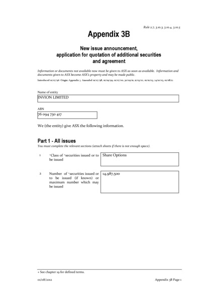 ASX:IVX - Appendix 3B issue of unlisted share options