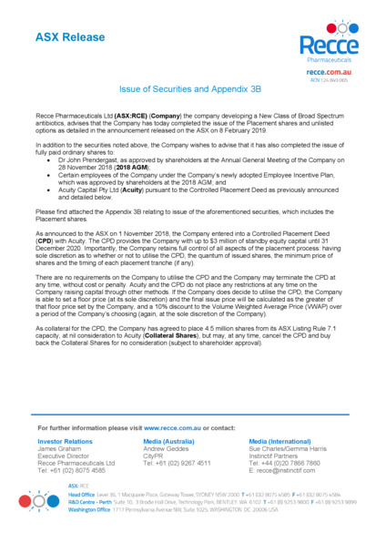ASX:RCE - Issue of Securities and Appendix 3B