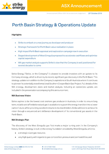ASX:STX - Perth Basin Strategy & Operations Update