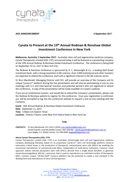 ASX:CYP - Cynata to Present at Rodman & Renshaw Investor Conference