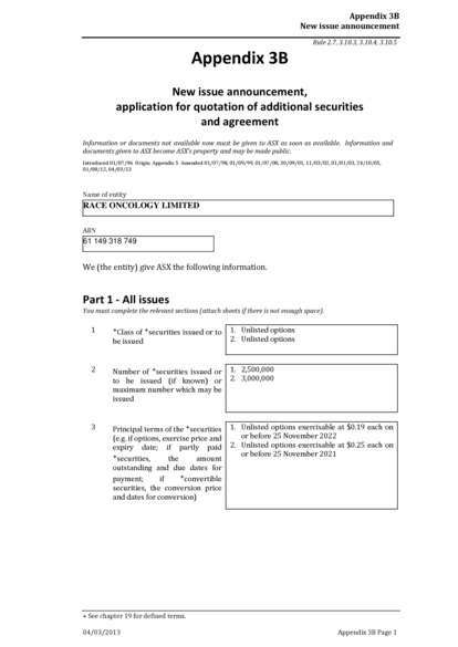 ASX:RAC - Appendix 3B-Issue of Options