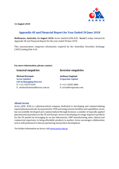 ASX:ACR - Appendix 4E and 2018 Financial Report