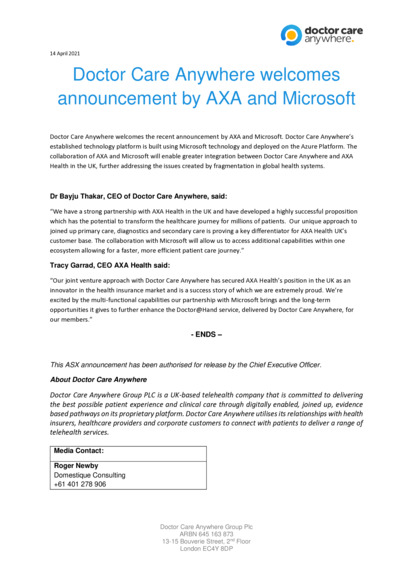 ASX:DOC - Doctor Care Anywhere welcomes announcement - AXA & Microsoft