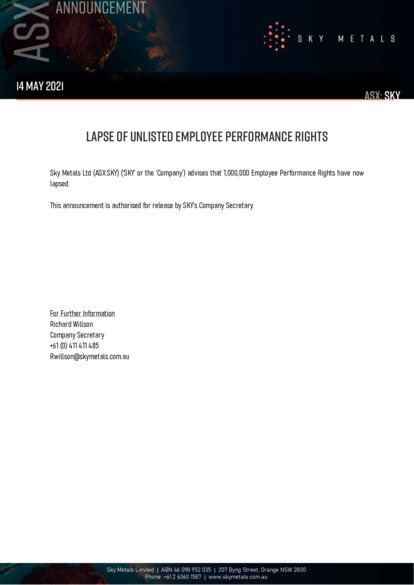 ASX:SKY - Lapse of Unlisted Employee Performance Rights