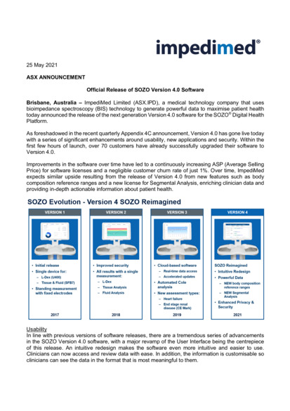 ASX:IPD - Official Release of SOZO Version 4.0 Software