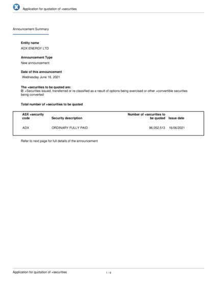 ASX:ADX - Application for quotation of securities - ADX