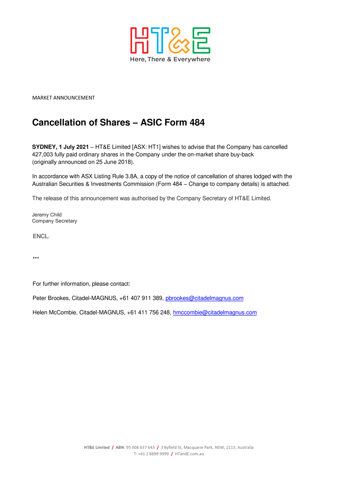 ASX:A1N - Cancellation of Shares (ASIC Form 484)