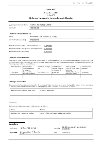 ASX:YRL - Ceasing to be a substantial holder from NST