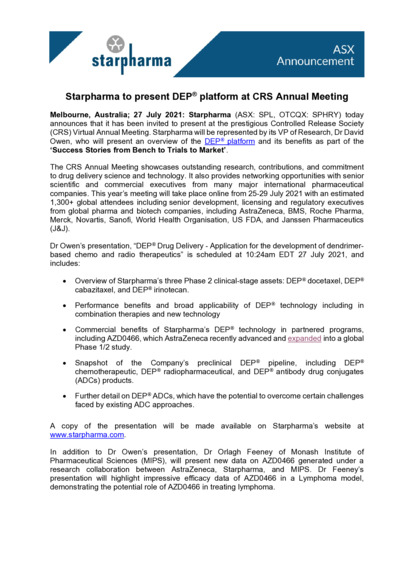 ASX:SPL - Starpharma to present DEP platform at CRS Annual Meeting