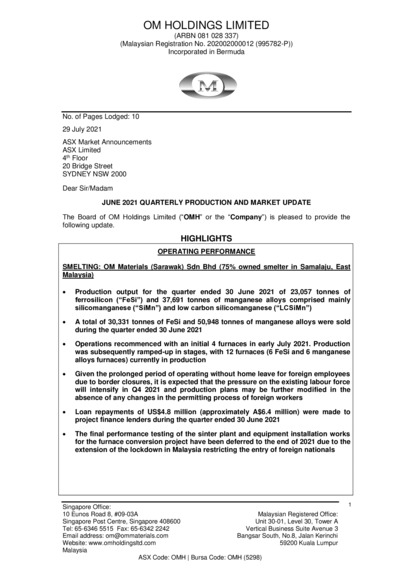 ASX:E25 - OMH: 30 June 2021 Quarterly Market Update