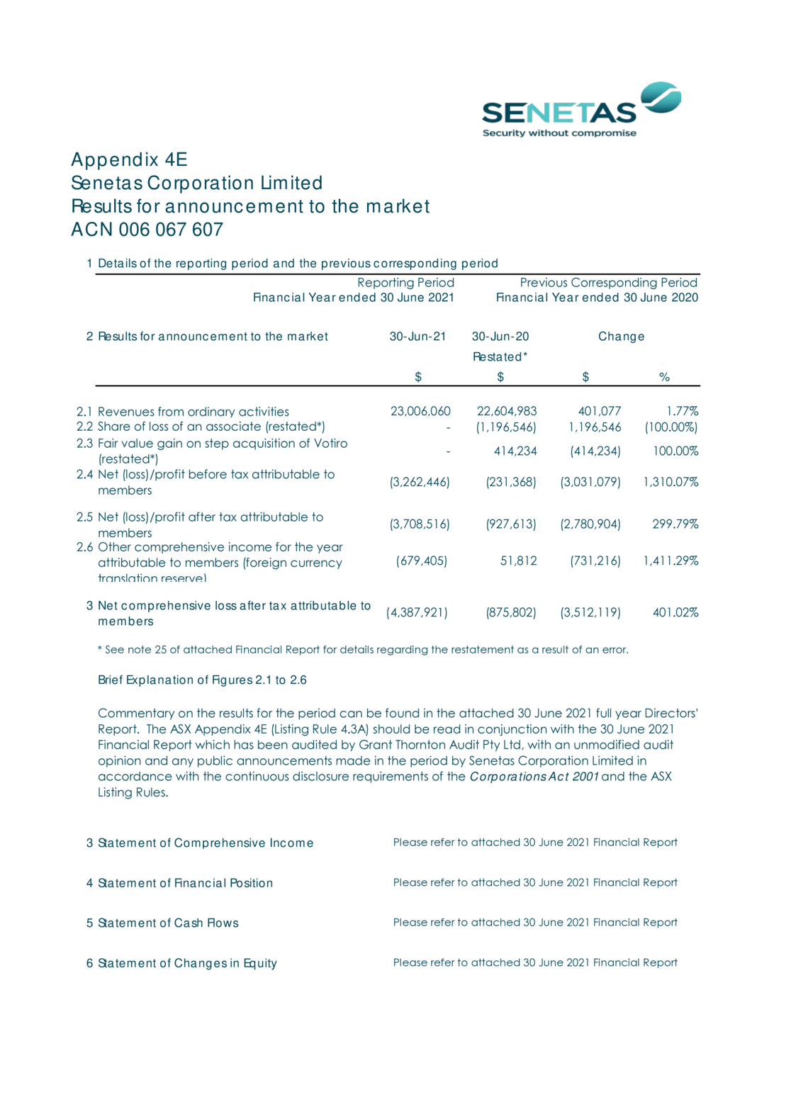 ASX:SEN - Appendix 4E and Annual Financial Report