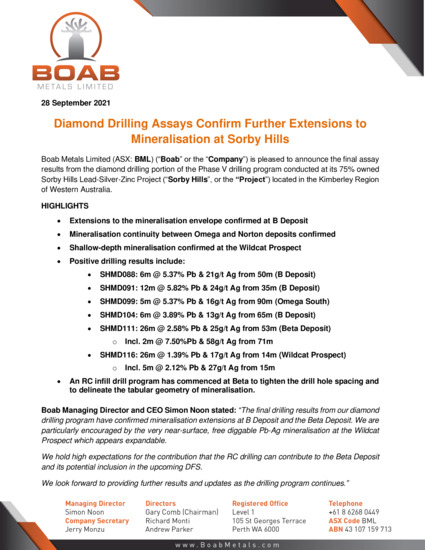 ASX:BML - Assays Confirm Further Extensions at Sorby Hills